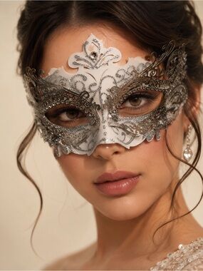 Women’s White and Silver Filigree Masquerade Mask Elegant Halloween Fantasy